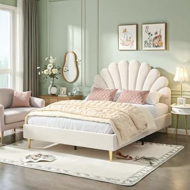 NLDGR Letto matrimoniale imbottito 140 x 200 cm, letto per ragazze, letto per bambini 140x200 con rete a doghe, struttura del letto con testiera a forma di fiore, letto per ragazzi e ospiti in velluto