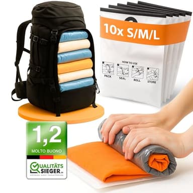 PACKDUDE Sacchetti Sottovuoto Vestiti Viaggio (Arrotolare) I 10 PEZZI I 3x 70x50cm/ 3x 60x40cm/ 4x 50x35cm I Buste Sottovuoto Vestiti da Viaggio I Sacchi Sottovuoto da Viaggio per Valigia e Zaino
