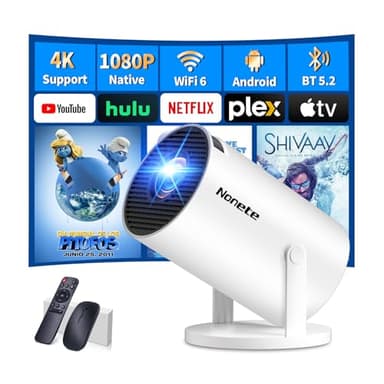 [App integrata] Proiettore 1080P FHD, Mini Proiettore Portatile 2025 Upgraded, Supporto 4k Proiettore Video WiFi 6 Bluetooth 5.2 Rotativo 180°, Auto Keystone, Phone/PC/HDMI, con Mouse Cavo HDMI Bianco