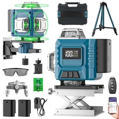Kevsuvqin Livella Laser con Treppiede,Livella Laser Autolivellante 360 con 2x3000mAh Batterie & Indicatore LED, 4X 360 °Livello Laser,16 Linee Laser Verde/APP/Telecomando/IP54 Impermeabile,Antipolvere