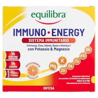 Equilibra Integratori Alimentari, Immuno Energy, Integratore per la Normale Funzione del Sistema Immunitario a Base di Sali Minerali e Vitamine, Riduce Stanchezza e Affaticamento, 14 Bustine