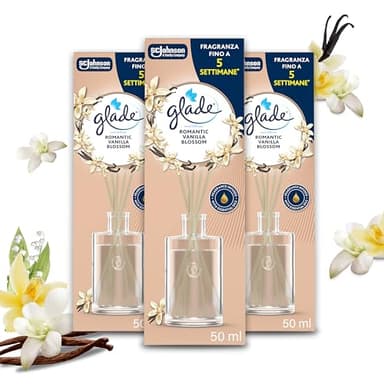 Glade Diffusore a Bastoncini, Profumatore per Ambienti con Oli Essenziali, Fragranza Romantic Vanilla Blossom, Confezione 3 diffusori da 50ml