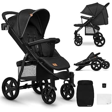 LIONELO Annet passeggino leggero pieghevole grigio regorabile con posizione sdraiata con ruote EVA cappottina XXL con zanzariera coprigambe portabibite fino 22 kg (Nero, PLUS)