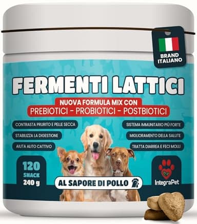 Integrapet Probiotici per Cani e Fermenti Lattici per Salute Intestinale e Prurito 120 Snack naturali- Probiotico Cane Intestino Dermatite e Diarrea-Brand Italiano