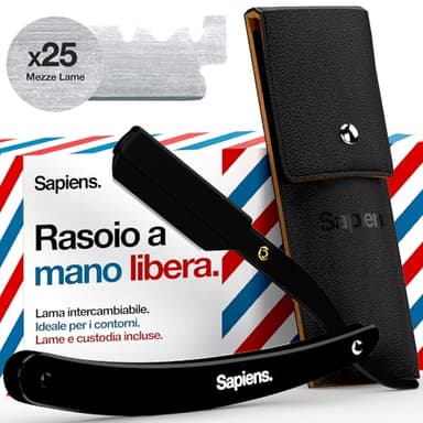 Sapiens Rasoio a Mano Libera - Rasoio Barba Uomo + 25 Mezze Lamette Barba + Custodia da trasporto - Rasoio Manuale con Lama Intercambiabile per Taglia Barba