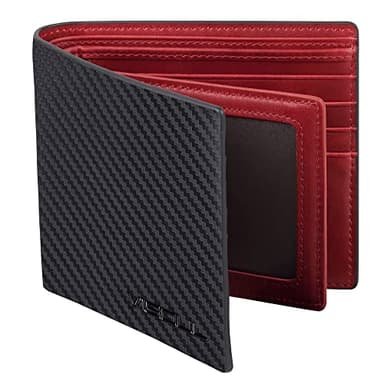 VISOUL Portafoglio Uomo Vera Pelle Portamonete Slim con Protezione RFID, Portafoglio Bifold da Uomo con 8 Porta Carte di Credito, 2 Scomparti Banconote e 2 Finestre ID (Carbonio Nero+Rosso)
