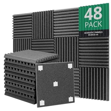 ROVSON Pannelli Fonoassorbenti 48 Pezzi Pannelli Insonorizzanti, 30×30×3cm, Riducono il rumore interno, Pannello Acustico per Podcasting, Studi di Registrazione, Uffici, Home Studio, Inclusi Adesivi