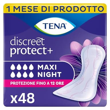 TENA Discreet Maxi Night Pacco Scorta Mensile - Assorbenti per perdite urinarie femminili, discreti e confortevoli, 8 confezioni x 6 pezzi