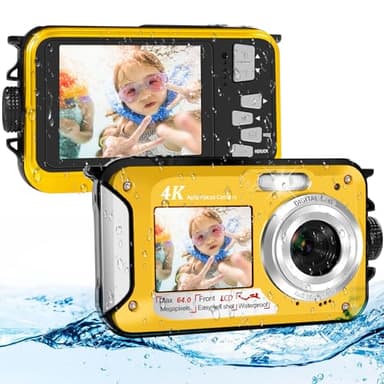 64MP Macchina Fotografica Subacquea Con Scheda Di Memoria Da 64 GB, 4K Fotocamera Subacquea Con Autofocus E Doppio Schermo Selfie HD, 5 Metri Fotocamera Subacquea Digitale (2 Batterie)