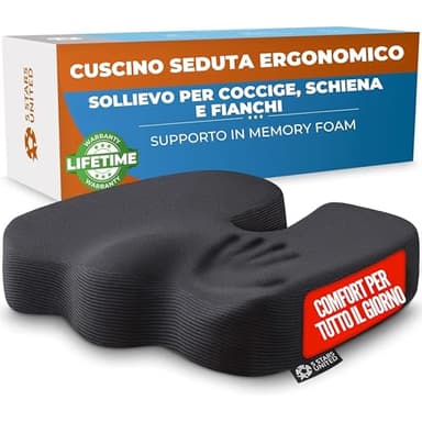 5 STARS UNITED Cuscino memory foam ergonomico per coccige e sedia ufficio, sollievo sciatica e mal di schiena, antiscivolo, fodera lavabile - Nero