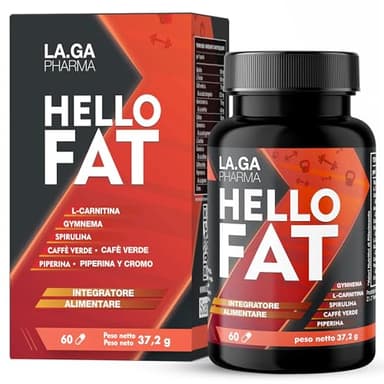 HelloFat© Brucia Grassi Integratore con Spirulina, L-Tirosina, Arancio Amaro, Piperina, Cromo. Dimagrante, Termogenico, Drenante per Uomo e Donna, Formula Completa, 60 Capsule Made in Italy, 2 Mesi