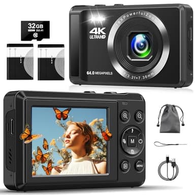 Fotocamera digitale, fotocamera compatta da 4 K, 64 MP, con scheda da 32 GB, 16 zoom digitale, 2,4 pollici, fotocamera digitale per bambini, principianti, adolescenti (nero)