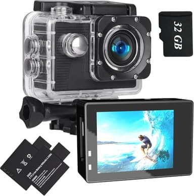 Xilecam Action Cam 1080P con scheda da 32 GB Telecamera Moto, Macchina Fotografica Subacquea impermeabile 40M, Fotocamera Subacquea con 2 x Batterie Ricaricabili e Kit Accessori (X2)