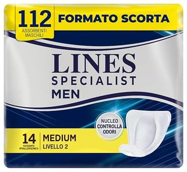 Lines Specialist Assorbenti Maschili Medium Livello 2, Anatomici e con Nucleo Controlla Odori, Protezione e Discrezione, 8 Confezioni da 14 Unità
