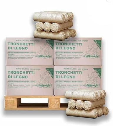 Tronchetti da ardere in legno pressato faggio-abete 200 kg, senza colle solventi, 100% naturale - Made in Italy