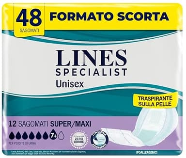 Lines Specialist, Pannoloni Sagomati Assorbenti per Incontinenza Donna e Uomo, 100% Traspirante, Zero Odore, Assorbenza Alta, 4 Confezioni da 12 Unità