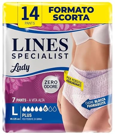 Lines Specialist Pants Plus, Mutande Assorbenti per Incontinenza Donna, Vita Alta, Femminili e Discreti, Zero Odore e Barriere Laterali Protettive, Taglia L, 2 Confezioni da 7