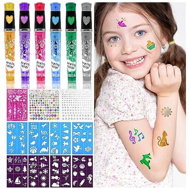 Penne Glitter Tatuaggi per Bambini con 6 Pennarelli Glitter, 9 Stencil Carini, 330 Diamanti Colorate, Festa Giocare Disegnare Tatuaggi Bambini, Gadget Compleanno Bambina, Regalo Bambina 5 6 7 8 9 Anni