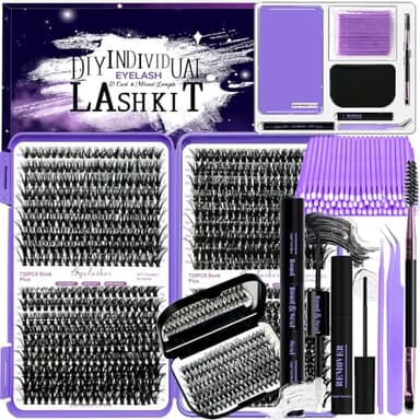 DNSGOOR Kit di Estensione Ciglia 840Pcs DIY Ciglia Finte Cluster con Scatola per Ciglia Specchio,Lash Bond and Seal,Rimuovi Ciglia,Pinzette,Pennello,Mini Applicatore