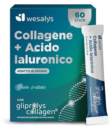 Collagene da Bere - Collagene e Acido ialuronico Integratore, 60 Stick con Gliprolys® Collagen liquido Idrolizzato Vegano per Pelle, Capelli, Articolazioni. Con Biotina e Vitamina C. Wesalys