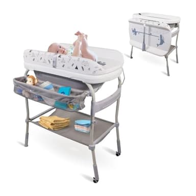 Mobiclinic® kids, Fasciatoio con vaschetta bagnetto 2 in 1, Trendy, Regolabile 4 altezze, Termometro, Ruote freno, Cestini portaoggetti, Fino a 50 kg, Tubo di drenaggio, 0-36 mesi