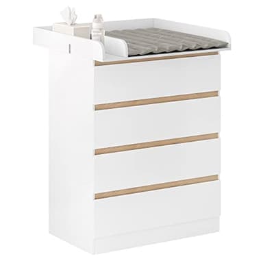 WOLTU Mobile Fasciatoio per Bambini, Cassettiera con 4 Cassetti, Cassettone con Ripiano Fasciatoio Rimovibile, in Legno MDF e Truciolare, Bianco+Rovere