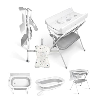 Ms BabyWorld ZOE Vasca da bagno con gambe, fasciatoio, cuscino riduttore e cestino portaoggetti, comodo, facile da riporre, con tappo e gambe antiscivolo, vasca da bagno pieghevole e portatile