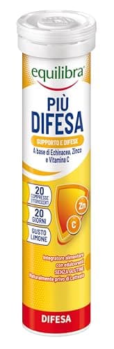 equilibra Integratori Alimentari, Più Difesa, Integratore per la Normale Funzione del Sistema Immunitario, con Echinacea, Zinco e Vitamina C, Gusto Limone, 20 Compresse Effervescenti