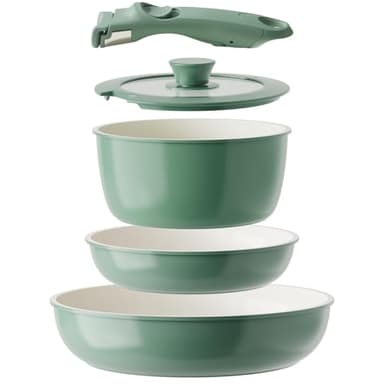 Redchef Set di pentole in ceramica 5 pezzi con manico rimovibile, Antiaderente,per campeggio, senza PFAS e PFOA, salvaspazio, lavabile in lavastoviglie,verde