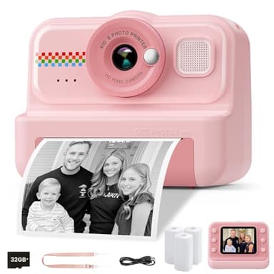 HiMont Macchina Fotografica Bambini Istantanea, Fotocamera Istantanea per Bambini HD/1080P con Scheda da 32 GB e 3 Rotoli di Carta da Stampa, Regalo per Bambino per Ragazze Ragazzi da 3-14
