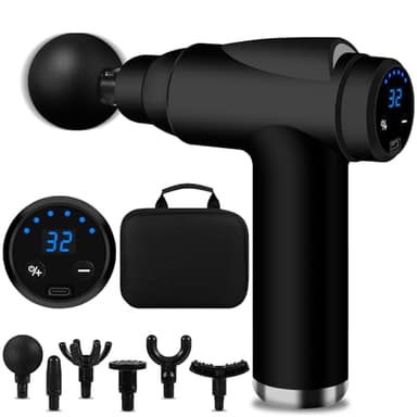 BUOAZR Pistola per massaggio muscolare, mini massaggio pistola con 32 livelli regolabili 3500 RPM e 6 teste e schermo LCD, leggero e portatile, per alleviare dolori e rigidità muscolari (Nero, 6)