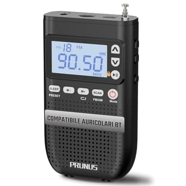 PRUNUS J-618 Radio Portatile AM/FM con Connessione per Auricolari Bluetooth, Mini Radiolina Ricaricabile da 2000 mAh, Radio Digitale con Jack per Cuffie, Slot per Scheda TF, Timer di Sonno.