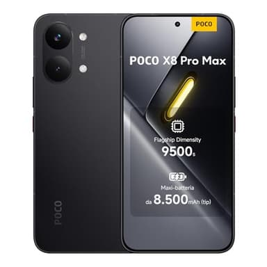 POCO X8 Pro Max, Smartphone 12+512GB, Dimensity 9500s, Batteria 8500mAh (typ), Display AMOLED ultra luminoso, Fotocamera da 50MP con OIS, Nero, Garanzia 2 anni+1 anno extra, Caricatore non incluso