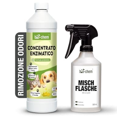 Bio-Chem - Detergente enzimatico concentrato 1L + flacone di miscelazione - Combatte gli odori ostinati e le macchie - Azione probiotica naturale per tappeti, tessuti e superfici