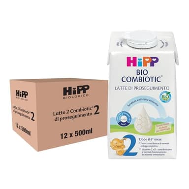 HiPP Latte Liquido 2 Confezione Tetrapack di Proseguimento, Latte per Neonati Liquido, dal 6° Mese Compiuto, 12 Confezioni da 500 ml, Hipp 2 Combiotic