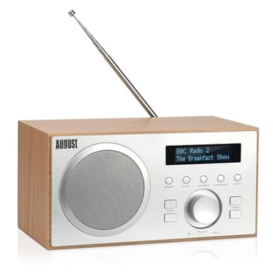 August MB420 Radio DAB/DAB+/FM, Doppia Radiosveglia con Snooze/Timer Spegnimento, Radio Digitale a Corrente Bluetooth Casa con VHF/RDS/60 Preselezioni, Hifi 5W Subwoofer Cassa, USB/Aux - Quercia