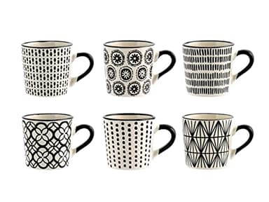 H&H Vhera Set 6 Tazzine Caffè in Stoneware (85 ml) – Eleganti Tazzine Bianco/Nero con Decorazioni Geometriche e Floreali – Lavabili in Lavastoviglie e Utilizzabili in Microonde