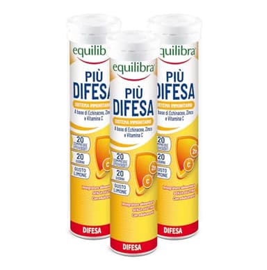 Equilibra Integratori Alimentari, Più Difesa, Integratore per la Normale Funzione del Sistema Immunitario, con Echinacea, Zinco e Vitamina C, Gusto Limone, 3 Pezzi da 20 Compresse Effervescenti
