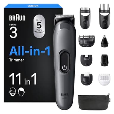 Braun Rifinitore All-In-One Series 3, Rasoio Elettrico Barba E Capelli 11In1, Con Lama Ultra Affilata, 14 Lunghezze, 50 Minuti di Autonomia, Styling Facile e Veloce Per Viso E Capelli, AIO3565 Grigio
