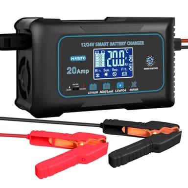 Haisito Intelligente Carica Batterie per Auto Moto 12V/24V 20A, Professionale Rapido Caricabatterie Mantenitore per Batterie al Litio, LiFePo4, Piombo-acido(AGM, GEL, EFB, SLA, VRLA)