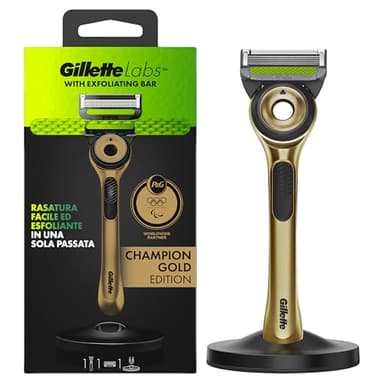 Gillette Labs Con Barra Integrata, Rasoio Barba Manuale, 1 Manico, 1 Lamette Gillette di Ricambio, Con Base Magnetica, Edizione Dei Campioni, Oro, Rasoio Barba e Lamette Di Ricambio