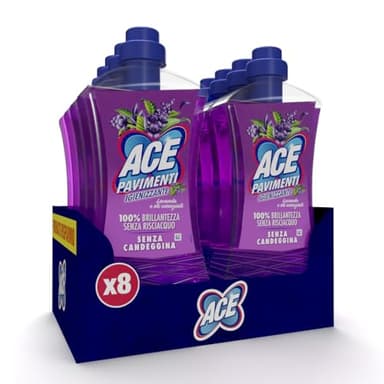 ACE Pavimenti Igienizzante Lavanda ed Oli Essenziali, Senza Candeggina, 8 Flaconi da 1 Litro