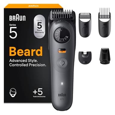 Braun Regolabarba Uomo Series 5, Rasoio Elettrico Barba, +5 Strumenti Styling, Lama Ultra Affilata, 120 Min Autonomia, Impermeabile, Selettore di Precisione Con 40 Lunghezze&Blocco BT5525 Grigio
