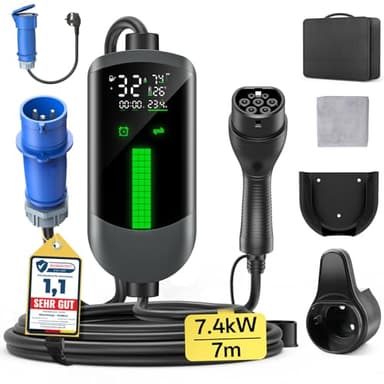 Wallbox Monofase 7,4kw Tipo 2 CEE - 7M/6-16A Colonnina Ricarica Auto Elettrica con Adattatore Schuko e LCD Digitale, Caricabatterie Ritardato, IP65, Compatibile con EVs(IEC 62196-2) & PHEVS