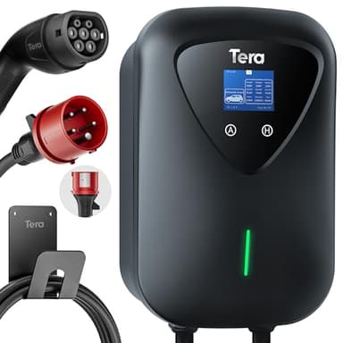 Tera Wallbox Caricatore EV tipo 2 11 kW stazione di ricarica domestica con supporto per cavo cavo di ricarica spina CEE a 3 fasi 16 A 5 pin cavo da 6,5 m per EVs e PHEV modello A04, nero
