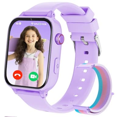 PTHTECHUS Smartwatch per Bambini, 4G Orologio GPS Bambini, Videochiamata e Telefono, WIFI/GPS/LBS Contapassi Ricevi SMS SOS Calcolatrice Timer Sveglia, Regali per Bambini Dai 4 Anni in Su, Violascuro
