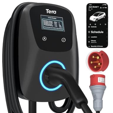 Tera EV Caricabatterie con Smart App 32A Tipo 2 11KW o 22kW 400V CE e TUV Wallbox Cavo di Ricarica 7 Metri Staffa Caricabatterie Controllo Applicazione&Spina trifase CEE - Nero W01