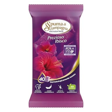 Spuma di Sciampagna - Foglietti Umidi Asciugatrice Fragranza Ibisco, Origini 100% Naturali e Biodegradabili, Dermatologicamente Testati con Azione Ammorbidente - 40 Foglietti