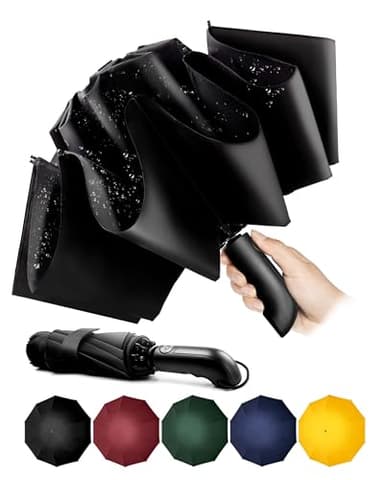 Conlun Ombrello pieghevole compatto anti-tempesta - antivento automatico nero per uomo, rivestimento in teflon 210T, inverso da 105 cm, da pioggia grande 10 ossa Regali di Natale