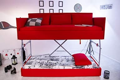 Ponti Divani Divano Letto a Castello Estraibile salvaspazio con meccanismo Made in Italy a Tre sicurezze e materassi sfoderabili compresi - Produzione Italiana Tessuto Rosso